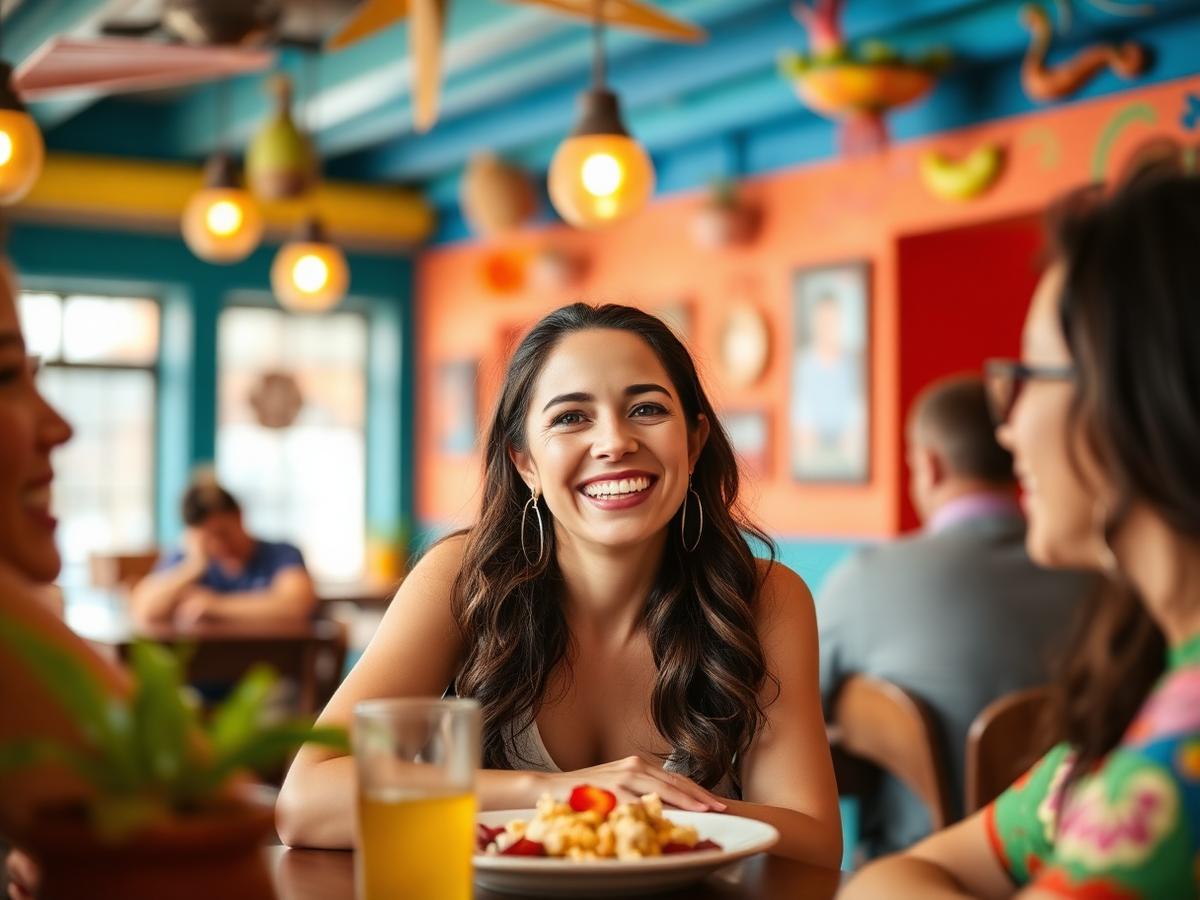 Confident woman having a Spanish conversation at a vibrant cafe